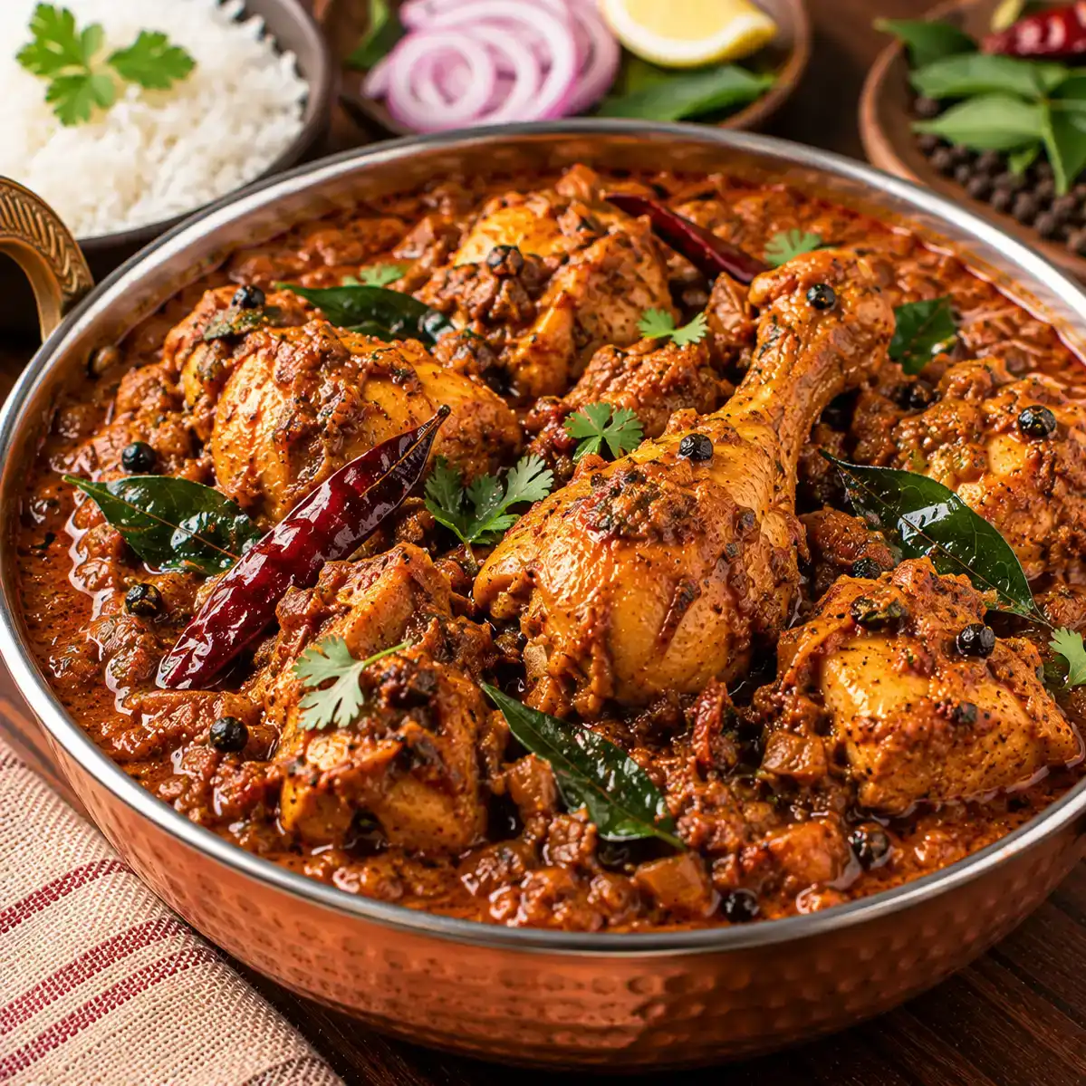 Chicken Curry — Succulent chicken pieces bathe in a velvety, golden curry sauce at Apna Bazar - Eatery